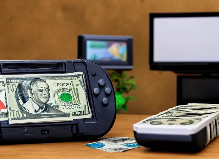 Image similar to realistic photo of nintendo 6 4 video game console in front of stacks of money