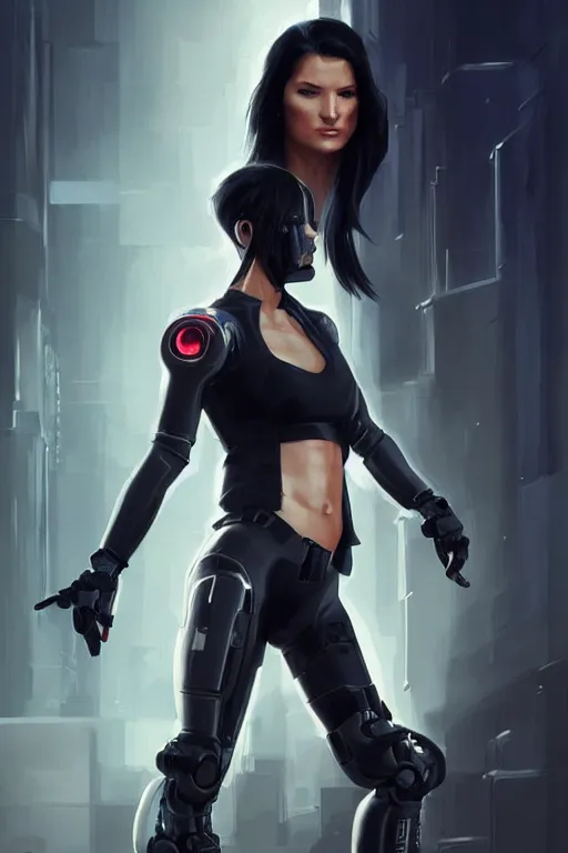 Image similar to gina carano with robotic left arm, casual black clothing, casual pose, large portrait, cyberpunk, digital painting, artstation, concept art, smooth, 8 k frostbite 3 engine, ultra detailed, art by artgerm and greg rutkowski and magali villeneuve