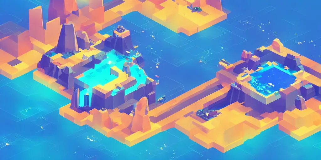 Image similar to isometric videogame screenshot, seperate floating islands, neon, space background, blocks, axure tones, ocean, clouds, mountains, plastic sheen, lensflare, sparkles, glow, shine