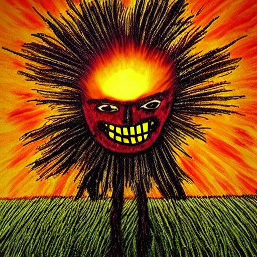 Prompt: a scarecrow is in flames. the sun has a face and is laughing. a field