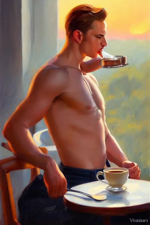 Prompt: attractive man drinking coffee, sunset, painting by vladimir volegov, j. c. leyendecker, tom of finland, trending on artstation