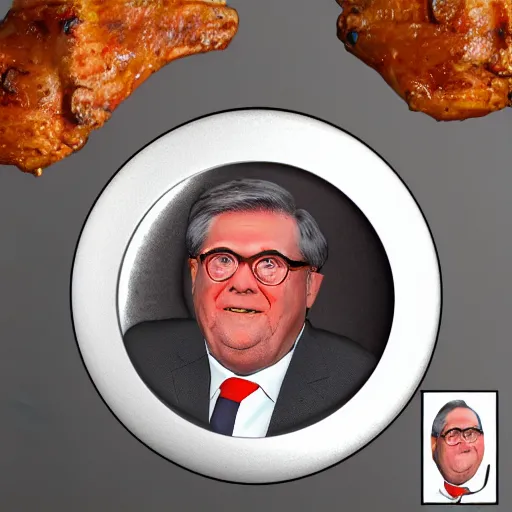 Prompt: bill barr face in a barbecued chicken piece!!!!, 8 k, ultra realistic details