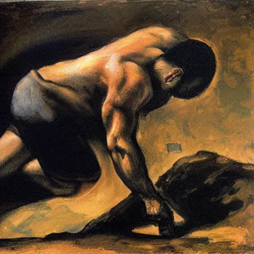 Image similar to a painting of benjamin netanyahu as sisyphus, by franz stuck