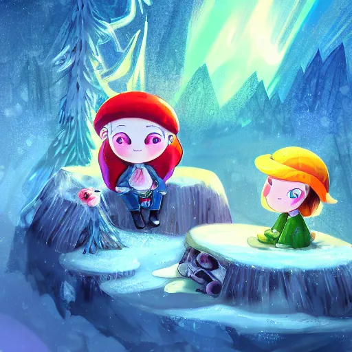 Image similar to two smiling and expressive chibi mushroom characters sitting around a campfire near a frozen forest, tundra setting, dramatic night sky, aurora borealis. very very very beautiful artwork, trending on artstation, digital artwork, cinematic lighting, 4K, amazing artwork, trending on Behance award-winning art