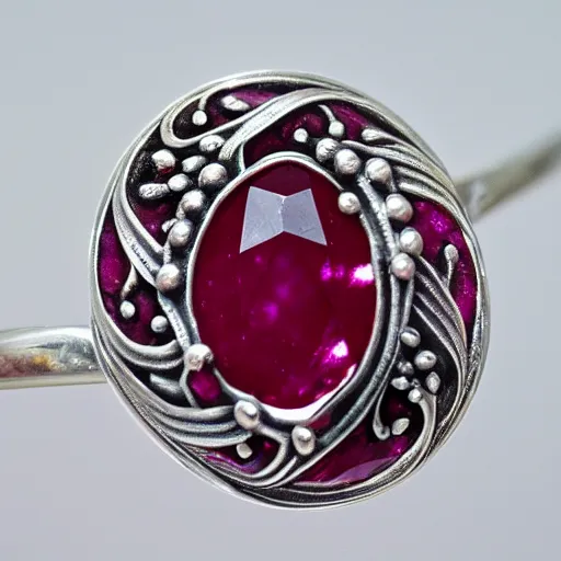 Prompt: ornate silver mobius ruby jewelry macro product photo