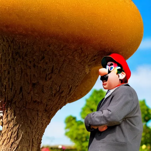 Image similar to photo of real life mario finding a giant mushroom, exhilarated, portrait, closeup. mouth open, 30mm, bokeh