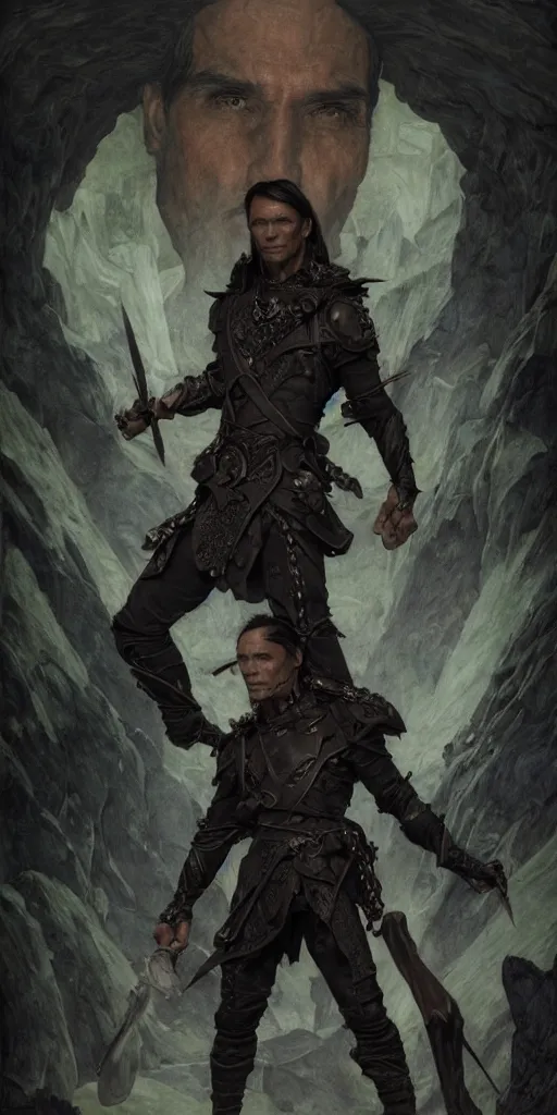 Image similar to zahn mcclarnon, thief, underworld boss, tattoos, crime, dungeons and dragons, fame of thrones masterpiece by edgar maxence and ross tran and michael whelan, gustav dore, 8 k, octane render