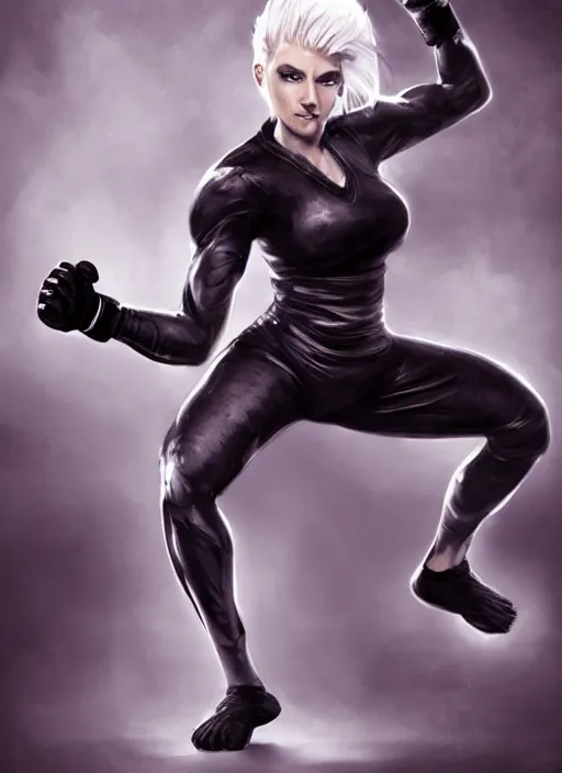 Prompt: a highly detailed illustration of fierce ponytail platinum blonde woman wearing black mma gear and gloves, dramatic muay thai kick stance pose, fairly muscular, athletic, intricate, elegant, highly detailed, centered, digital painting, artstation, concept art, smooth, sharp focus, league of legends concept art, WLOP