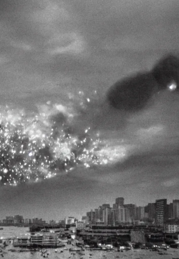 Image similar to Pulgasari the North Korean starfish monster destroying Pyongyang city, volumetric lighting, filmstill, produced by Kim Jong-il, Kodachrome, kaiju-eiga, monster movie, communist propaganda, film noir, 35mm film grain, Cooke Varotal 20-100mm T3.1, monochrome, in the style of Ishirō Honda and Akira Kurosawa