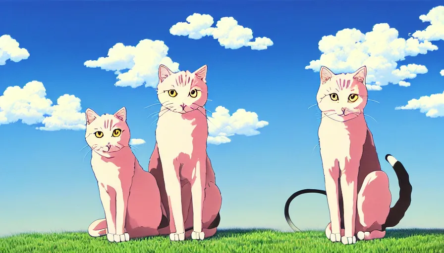 Prompt: highly detailed contemporary acrylic painting of really tall sitting cats by studio ghibli, thick brush strokes and visible paint layers, glistening clouds in background, light blue black, white and pink vivid pastel color scheme