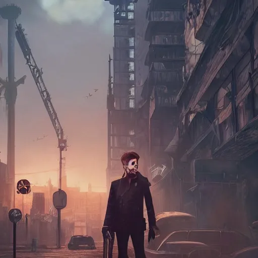 Image similar to fallout 4, charismatic david bowie, portrait, outdoors ruined cityscape, atmospheric lighting, painted, intricate, volumetric lighting, beautiful, daytime, sunny weather, slight overcast, sharp focus, deep colours, ultra detailed, by leesha hannigan, ross tran, thierry doizon, kai carpenter, ignacio fernandez rios