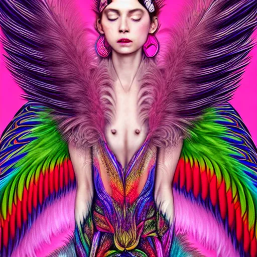 Prompt: extremely psychedelic portrait of a girl transforming into a feathered bird, covered in feathers, wings, flying, surreal, fantasy, intricate, elegant, dramatic lighting, emotional, symbolic metaphor, highly detailed, lifelike, photorealistic, digital painting, artstation, concept art, smooth, sharp focus, illustration, art by John Collier and Krenz Cushart and Artem Demura and Alphonse Mucha and Albert Aublet