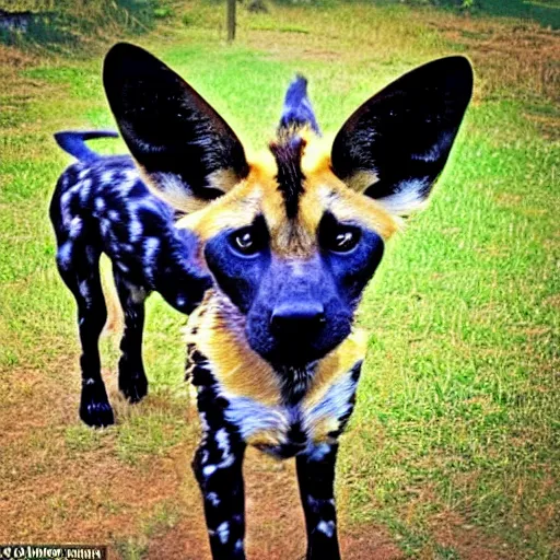 Image similar to Look at this african painted dog with his huge radar ears- positively fluffsome all around and no doubt prone to rambunctiousness. I suspect he is to be engaged in mischief soon.