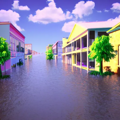 Image similar to 80s vaporwave outrun 3d Render of a german town being flooded, retro, grainy, noisy