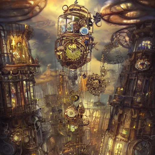 Image similar to flying steampunk city in an enormous mechanical flower, sky, fantasy art