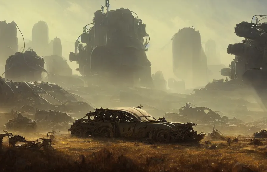 Prompt: concept art of a dusty field with twisted wreckage of dieselpunk orcish tanks and smoking craters in the background, key visual, ambient lighting, highly detailed, digital painting, artstation, concept art, sharp focus, by makoto shinkai and akihiko yoshida and hidari and wlop