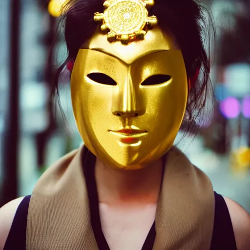 Image similar to japanese female balaclava mask with golden necklace and kimono, photo portrait, beautiful female model, tokyo, city neon light, bokeh, long exposure, kodak promax 4 0 0, sony lens, golden fractals and dmt