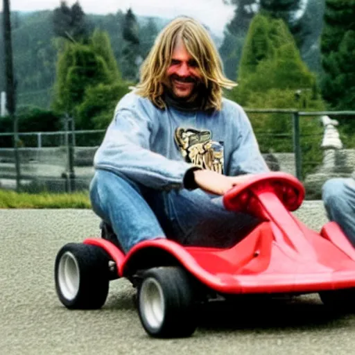 Image similar to Happy Kurt Cobain driving a go kart with his friends