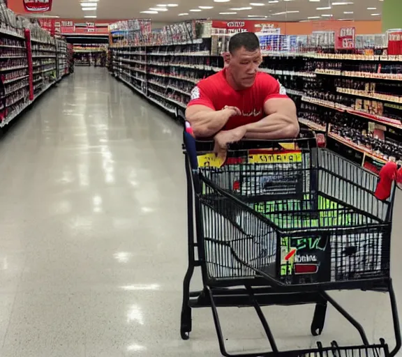 Image similar to a dramatic shot of John cena crying while shopping at HEB