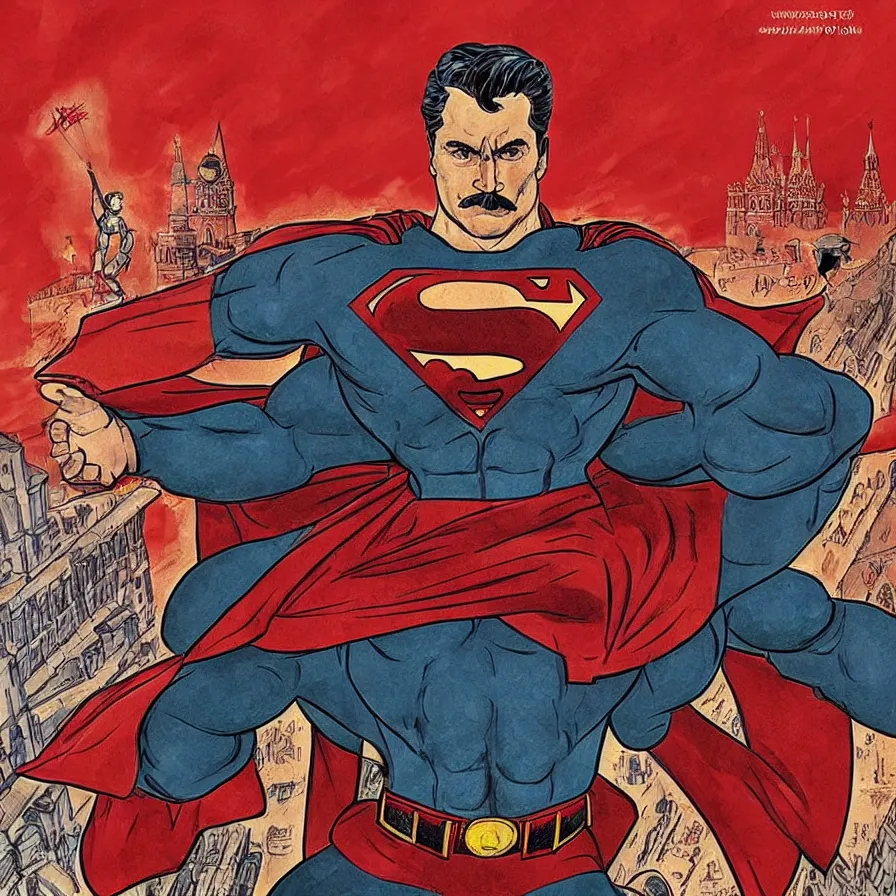 Image similar to epic comic book cover of stalin as superman floating over the red square ( moscow ), soviet propaganda, socialist realism, aesthetically pleasing, finely detailed facial features, hyperrealist, intricate digital art, trending artstation, artgem, rich moody colors, fan art, concept art, in the style of the red son and invincible