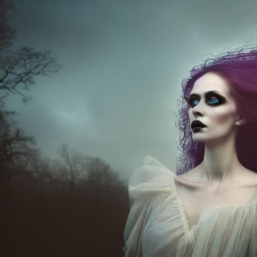 Prompt: photographic portrait of a stunningly beautiful gothic spirit ghostly female in soft dreamy light at sunset, contemporary fashion shoot, by edward robert hughes, tim burton, annie leibovitz and steve mccurry, david lazar, jimmy nelsson, breathtaking, 8 k resolution, extremely detailed, beautiful, establishing shot, artistic, hyperrealistic, beautiful face, octane render