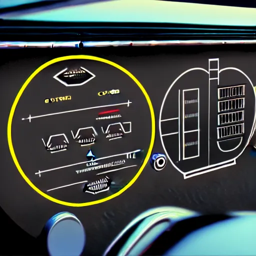 Prompt: photorealistic control panel from the 1 9 5 0's in a car featuring ejection seats, weapons control, and hyperdrive, realistic, 8 k resolution, front view