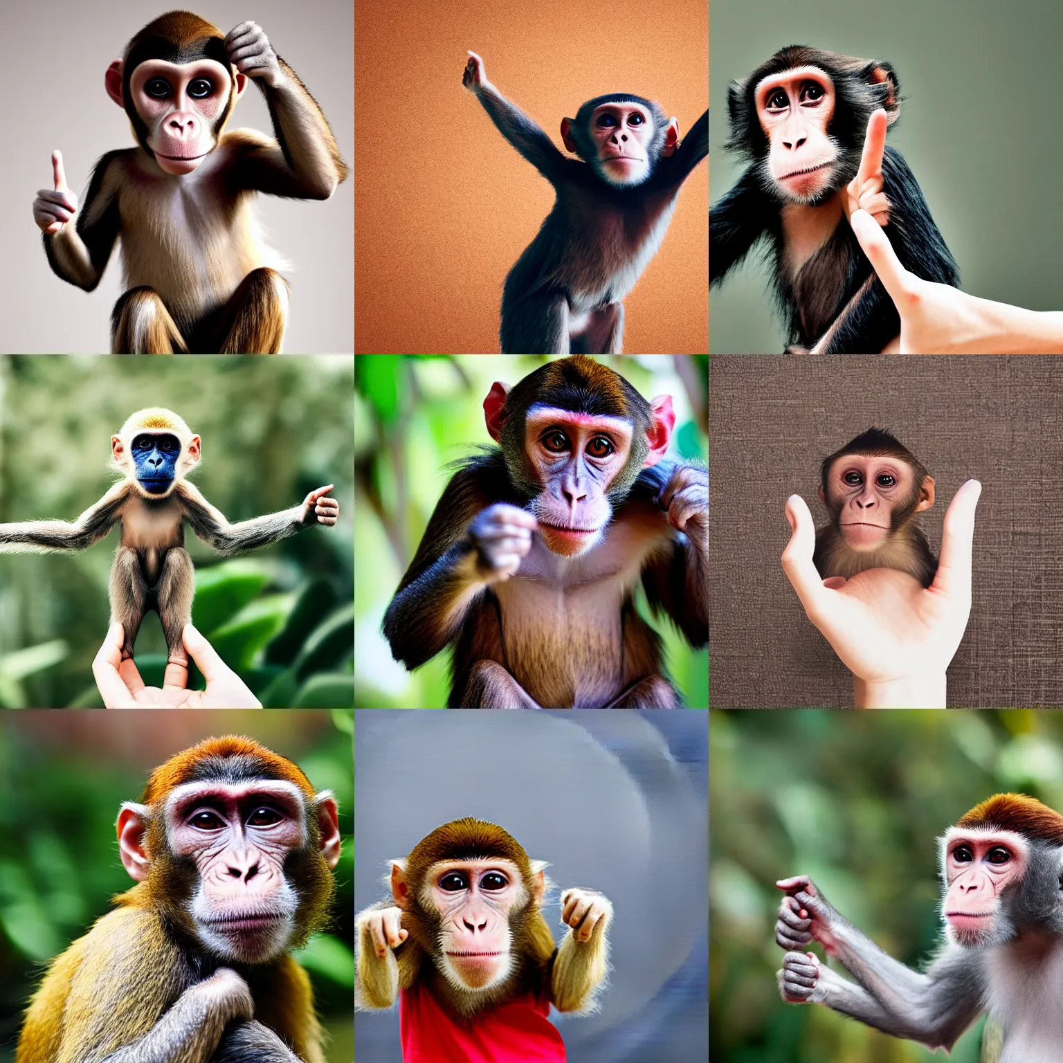 Prompt: a monkey holding up two fingers peace sign hand gesture