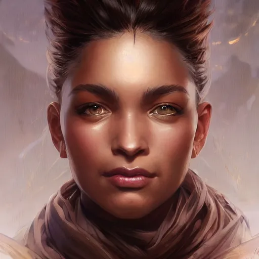 Image similar to beautiful, strong, mixed race, female, aged 4 0, face, head shot, fantasy, highly detailed, digital painting, artstation, concept art, smooth, sharp focus, illustration, art by artgerm and greg rutkowski and alphonse mucha