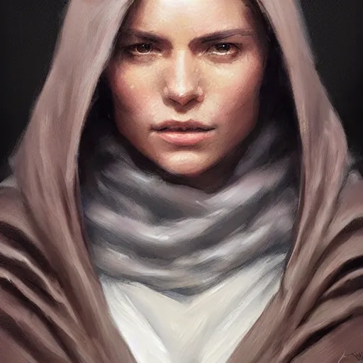 Image similar to portrait of a woman by greg rutkowski, jedi knight allana solo, straight brown hair, jedi robes, star wars expanded universe, she is about 2 0 years old, wearing jedi robes, highly detailed portrait, digital painting, artstation, concept art, smooth, sharp foccus ilustration, artstation hq