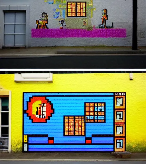 Image similar to street art looking like retro videogames from the 8 0 s, pixelized