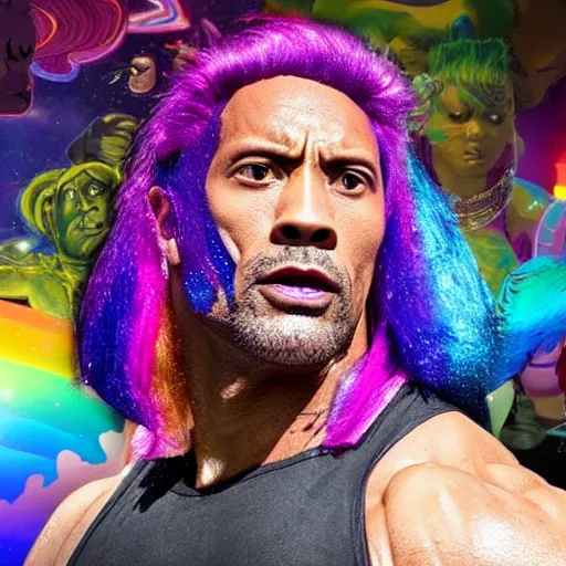 Prompt: the rock as bismuth from steven universe, dwayne the rock johnson with rainbow hair