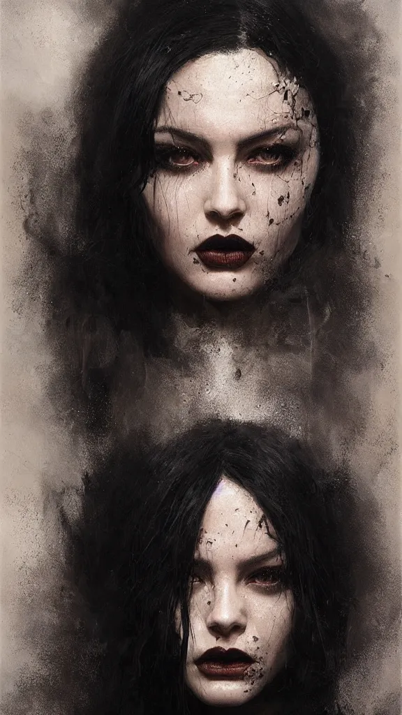 Image similar to Face of a beautiful woman with very black hair, intimidating woman, large black eyes, high forehead, smooth pale skin, ethereal skin, ominous, eldritch. oil painting by nuri iyem, james gurney, james jean, greg rutkowski, highly detailed, soft lighting, chiaroscuro