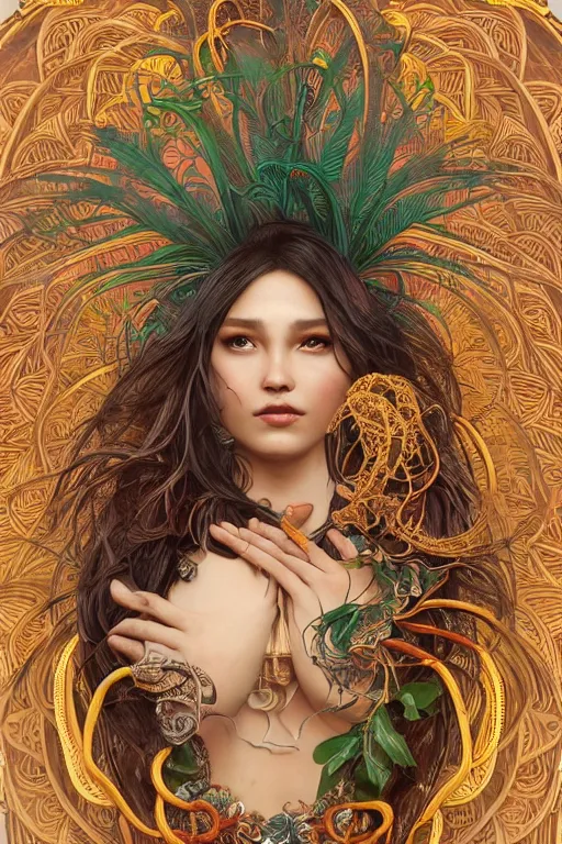 Image similar to an immaculate render of a dancing tribal goddess adorned with leaves and cables and bird wings, dancing in a temple surrounded by wild tentacles made from mandalas and incense smoke, full body, perfect face, powerful, cinematic, beautifully lit, by artgerm, by alphonse mucha, by android jones, 3 d, trending on artstation, octane render, 8 k