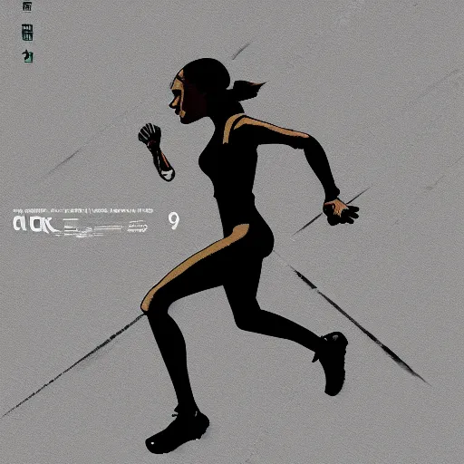 Prompt: Female athlete sprinter in a race with mechanical legs, cinematic stillframe, diesel punk, art deco stadium, artstation, contrasty, Studio Ghibli