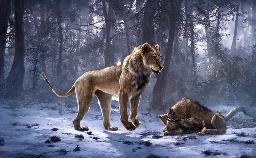 Prompt: a lioness hunting a wolf in a magical forest. painting, fantasy, fur shader, dramatic lighting, dawn, 8 k, sharp focus, global illumination, paid artwork, portfolio, detailed and intricate environment