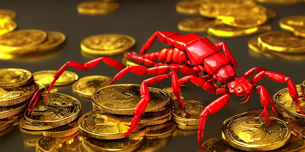 Prompt: a red scorpion with yellow scorpion tail on top of cryptocurrency coins, lots, of gems, diamonds photorealistic, unreal engine 5, octane render, volumetric light, cg society, 4 k, bokeh, lada car, artstation treasure trove sparkling on the floor of an ornate stone vault, by justin gerard and haeckel.