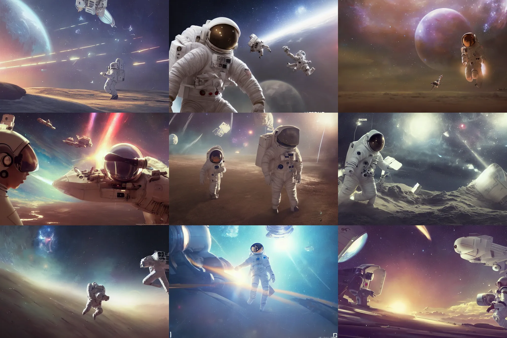 Image similar to astronaut chasing a distant spaceship Anime, wide angle, fine details, cinematic. galaxy starscape. realistic shaded lighting by Ilya Kuvshinov Giuseppe Dangelico Pino and Michael Garmash and Rob Rey greg rutkowski, octane render, IAMAG premiere, aaaa achievement collection, elegant freckles, cinematic hologram, fabulous, daily deviation, annual award winner