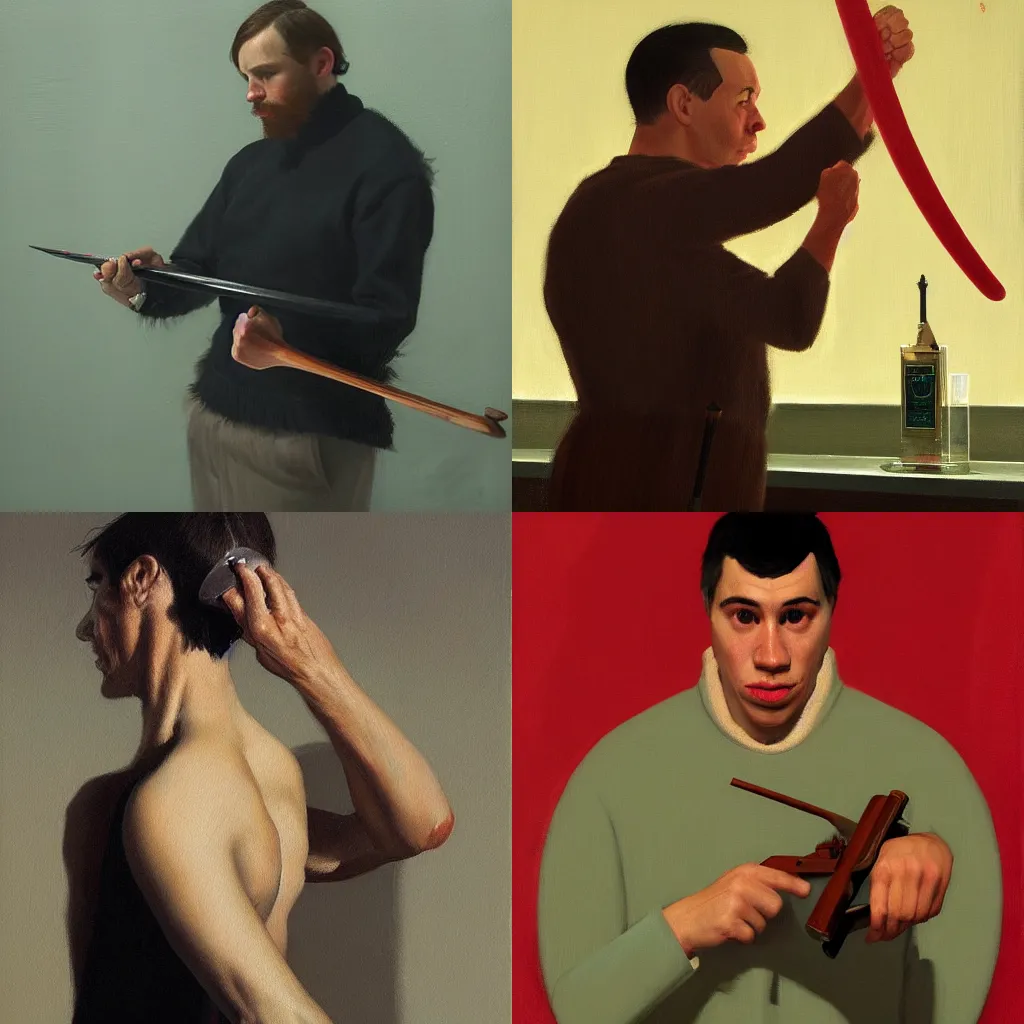 Prompt: an award - winning masterpiece painting of a man getting ready to kill, by joan cornella, by edward hooper, by greg rutkowski, trending on artstation, featured on pixiv, detailed, hd,