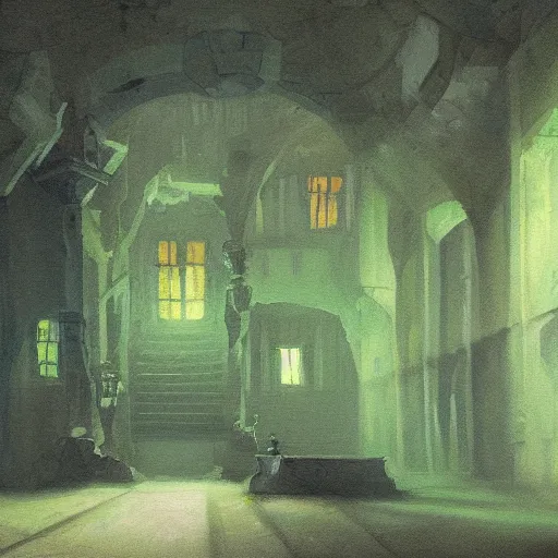 Prompt: a beautiful painting of the interior of a dungeon dimly lit with sources of green and teal lights, Chinara, german romanticism, Trending on artstation