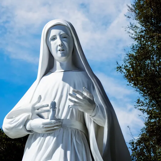 Image similar to white statue of mother mary pictured slightly from below, clear sky with blue clouds in background, polaroid