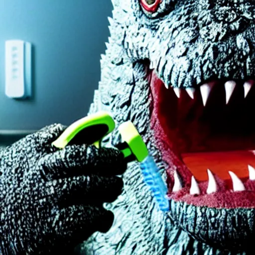 Image similar to godzilla brushing his teeth with a electric toothbrush