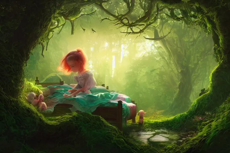 Image similar to a beautiful illustration of a little cute girl in her bed dreaming about a beautiful green forest, fantasy, intricate, epic lighting, cinematic composition, hyper realistic, 8 k resolution, unreal engine 5, by artgerm, tooth wu, dan mumford, beeple, wlop, rossdraws, james jean, marc simonetti, artstation