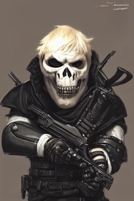 Prompt: Boris Johnson as Punisher with a skull on the armor plate, portrait,, highly detailed, digital painting, artstation, concept art, smooth, sharp focus, illustration, cinematic lighting, art by artgerm and greg rutkowski and alphonse mucha