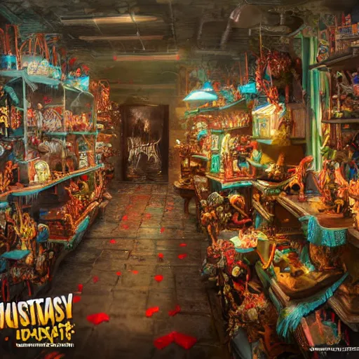 Prompt: Fantasy Toy Store Horror, Fantasy Hyper detailed digital matte painting, concept art, hyperrealism, Cinema 4D, 8k resolution, 64 megapixels, coherent, bokeh, CGSociety, ZBrush Central, behance HD, hypermaximalist, a masterpiece, 4K