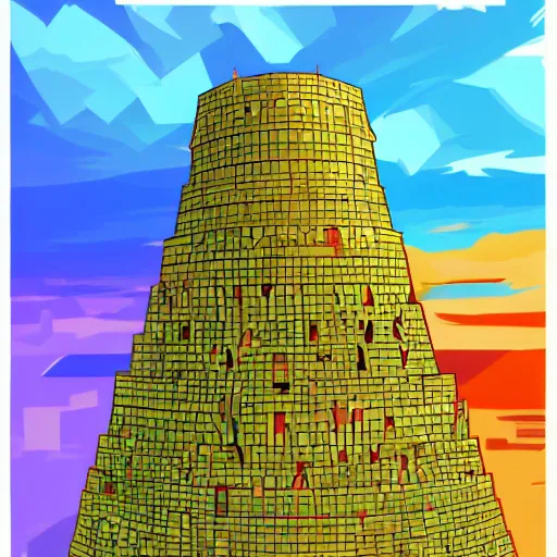 Prompt: a simplified, stylized version of the Tower of Babel, colorful