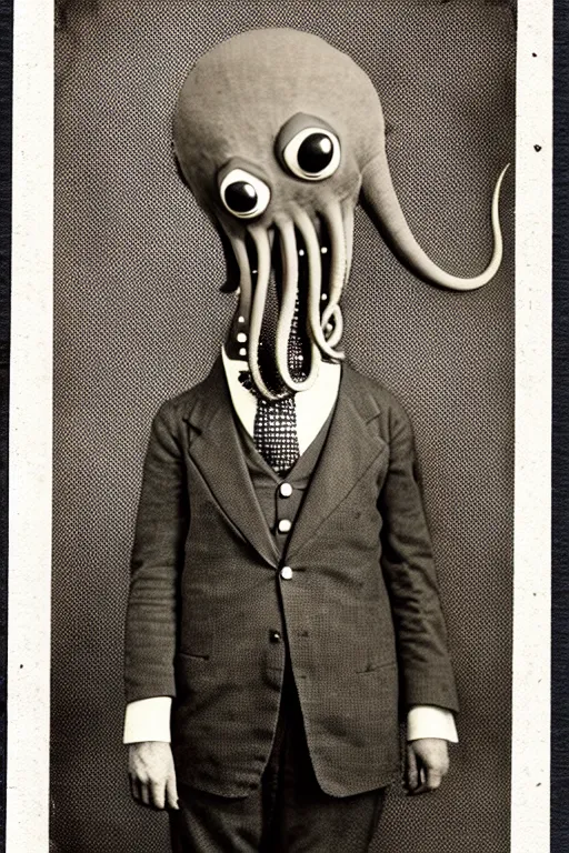 Prompt: anthropomorphic octopus , wearing a suit, frantic looking tentacles spilling out of the collar, long neck, vintage photograph, sepia