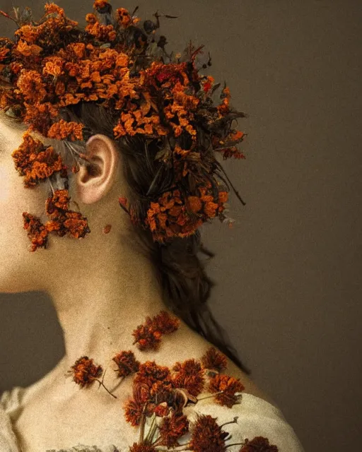 Prompt: a woman's face in profile, made of dried flowers, in the style of the Dutch masters and Gregory Crewdson, dark and moody