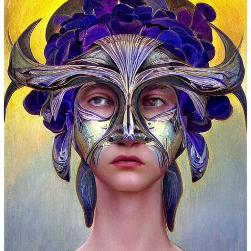 Image similar to masterpiece painting of a facemask made of stylized flowers, by annie swynnerton and jean delville and tino rodriguez and john watkiss, flower mask, art deco shaman, symbolist, dramatic lighting, god rays, elaborate geometric ornament, photorealism, modern realism, clean crisp graphics, soft cool colors, smooth, sharp focus, extremely detailed