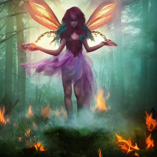 Image similar to a fierce fire fairy appearing suddenly in the middle of mysterious dark forrest full of creepy creatures