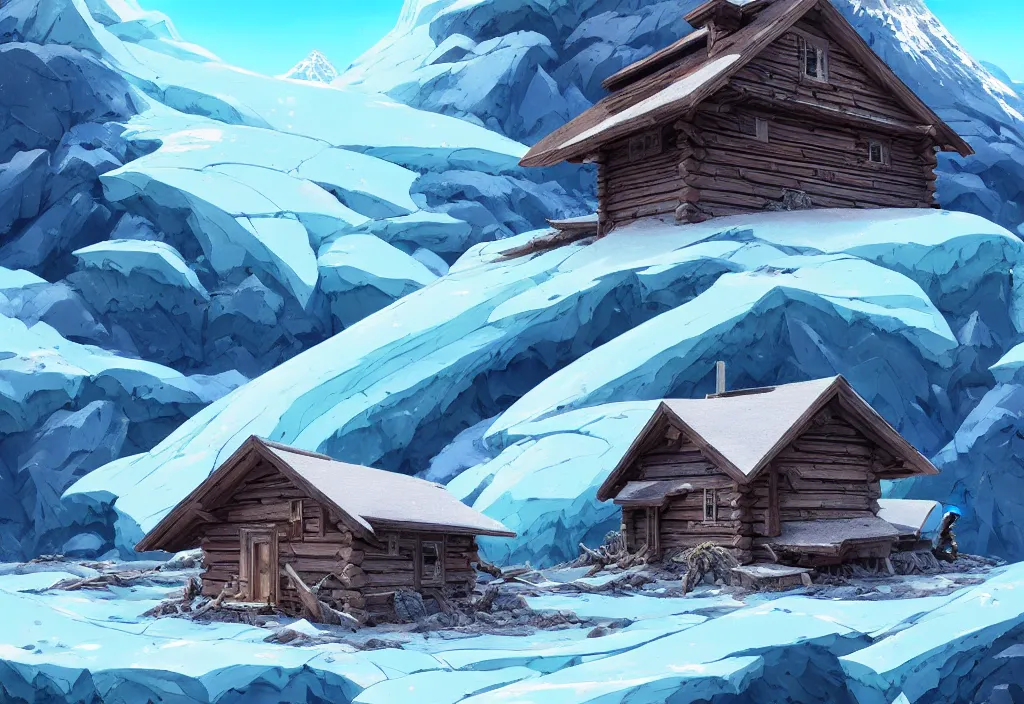 Prompt: a glacier with a tiny chubby wood house on the foreground, dead trees, ice, rocks, dry plants, intricate oil painting, high detail illustration, sharp high detail, manga and anime 1 9 9 9, official fanart behance hd artstation by jesper ejsing and makoto shinkai, 4 k,